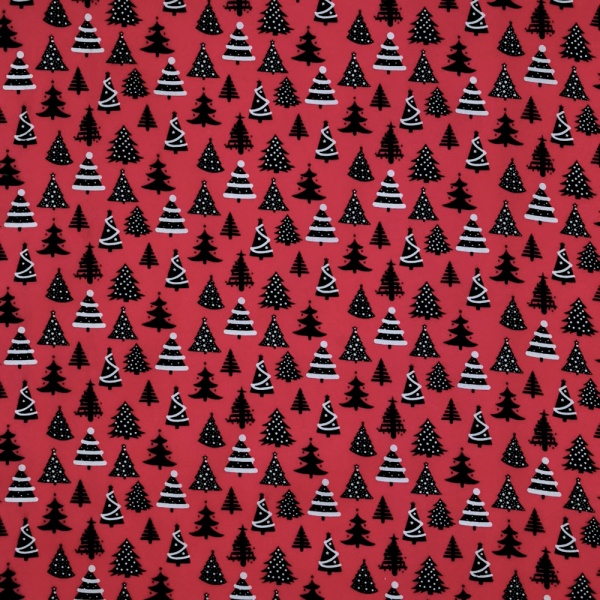 Christmas Polycotton - Black and White Cristmas Trees on Red